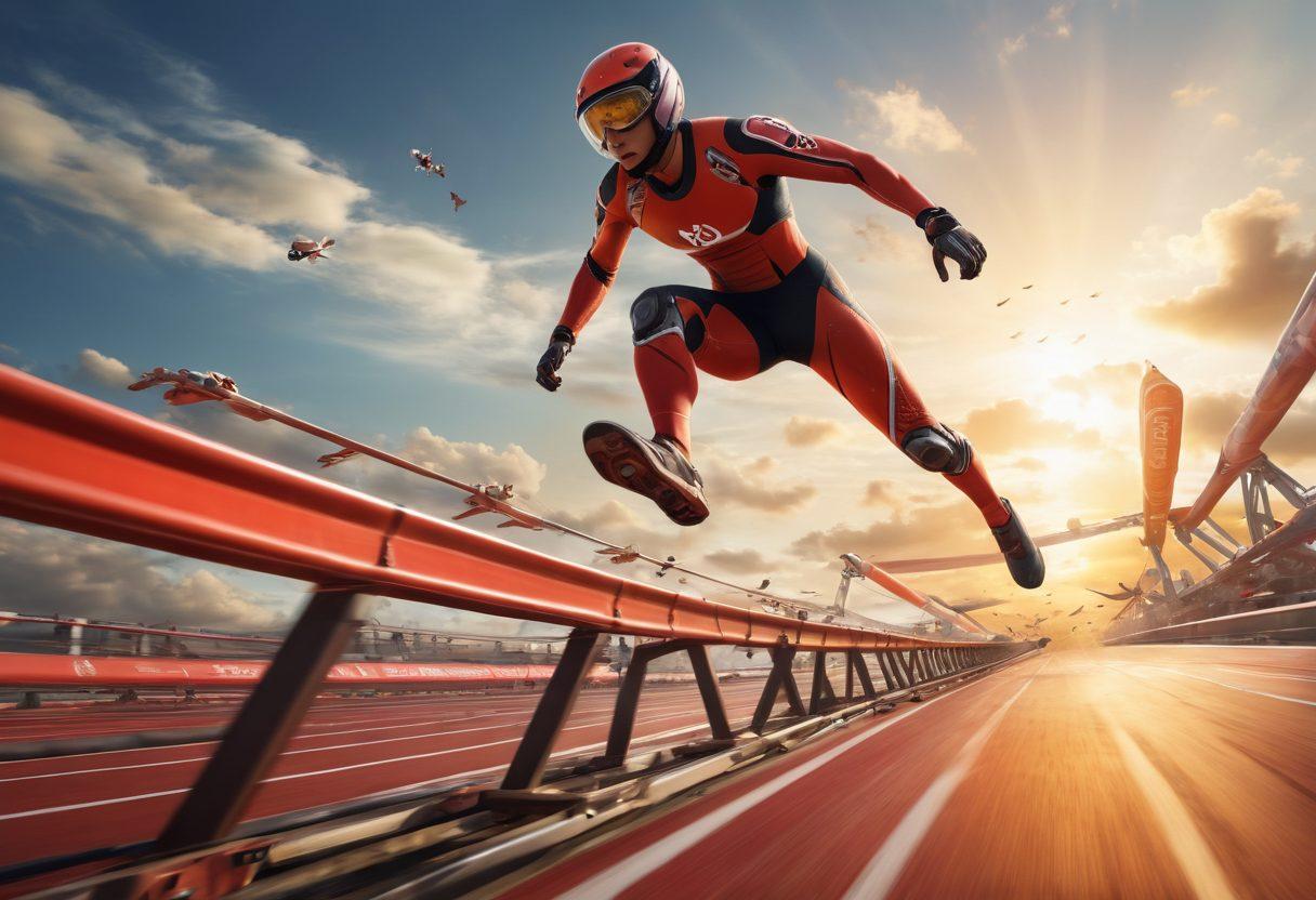 A dynamic scene depicting a person sprinting over oversized hurdles, transforming them into sleek, futuristic vehicles speeding forward. The background features a vibrant sky full of symbolic representations of challenges morphing into successes, like gears and rockets. The scene radiates energy and momentum, emphasizing determination and progress. super-realistic. vibrant colors. energetic composition.
