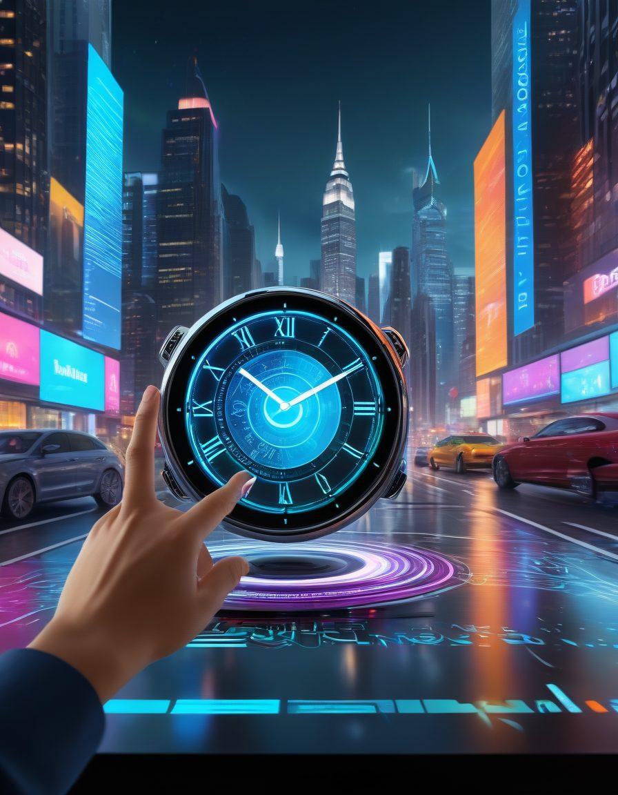 A dynamic scene depicting a digital assistant in action, surrounded by swirling icons of rapid solutions like clocks, gears, and light bulbs. A sleek person interacting with a holographic interface, showcasing a fast-paced urban environment in the background. The scene should convey speed, innovation, and clarity. The color palette should be bright, energetic, and modern. super-realistic. vibrant colors. 3D.