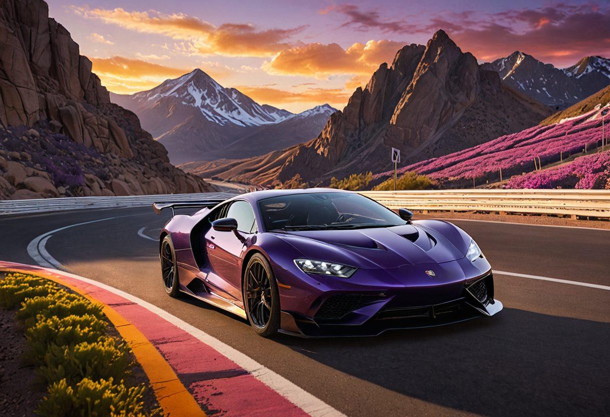 A dynamic scene depicting a racetrack where various life challenges are represented by obstacles, like mountains and hurdles, while a car symbolizes solutions speeding through with vibrant trails of light. The backdrop features a stunning sunset, blending warm and cool colors to represent hope and clarity. Include diverse characters cheering on the sidelines, illustrating community support. super-realistic. vibrant colors. dramatic lighting.